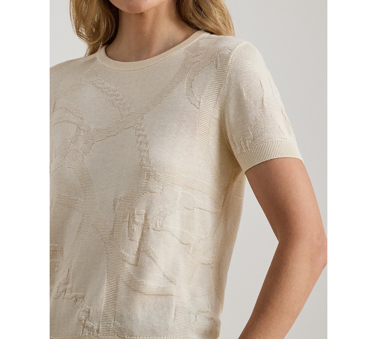 Lauren Ralph Lauren Petite Textured Belting-Motif Short Sleeve Sweater