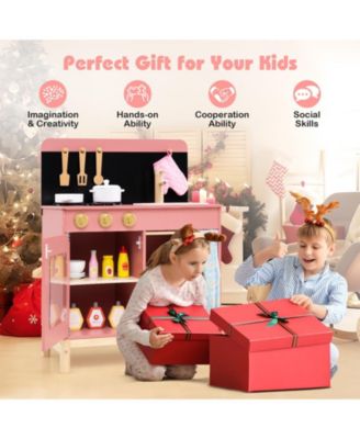 Play Kitchen for Kids w/ Door Curtain Stoves Sink & Oven Cookware Accessories