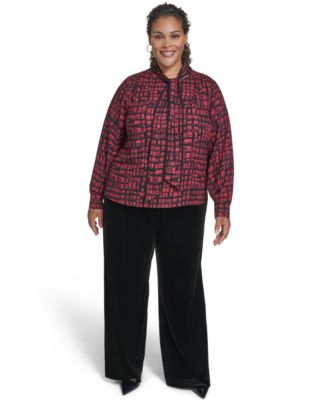 Plus Size Printed Long Sleeves Tie Neck Top