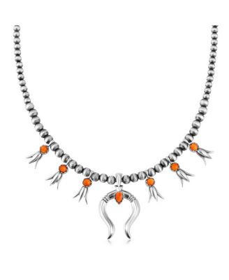Sterling Silver Orange Spiny Oyster Beaded Squash Blossom Necklace, 16 to 19 Inches