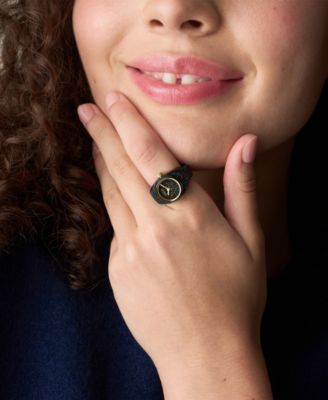 Women's Watch Ring Two-Hand Pav&eacute; Black Stainless Steel Watch, 15mm