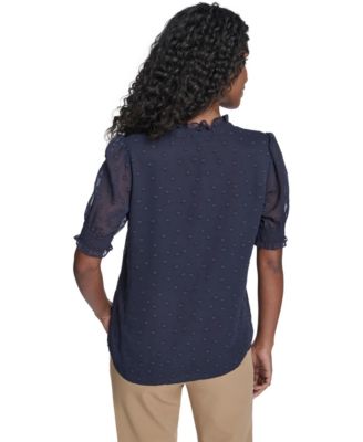 Women's Floral Clip Mock Neck Short Sleeve Blouse