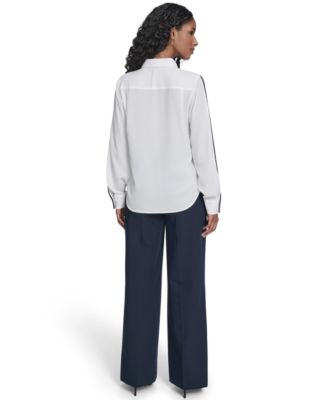 Women's Long Sleeve Contrast Trim Button-Up Blouse