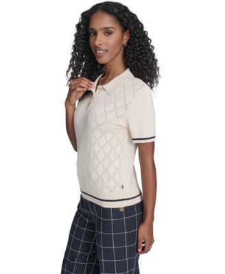 Women's Short Sleeve Pointelle Polo Sweater
