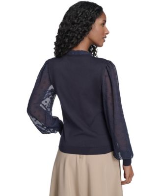 Women's Mixed Media Floral Clip Long Sleeve Sweater