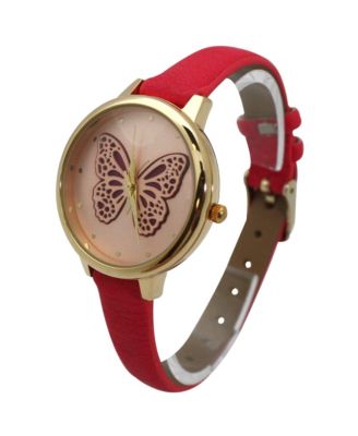 Pink Thin Faux Leather Butterfly Face Women Watch