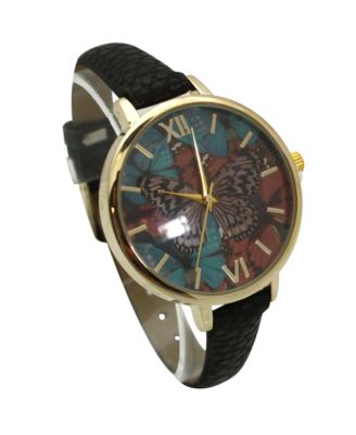 Black Faux Leather Butterflies Dial Women Watch
