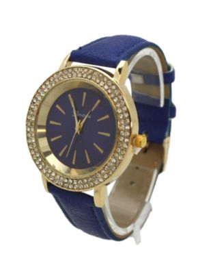 Blue Rhinestones Detail Leather Strap Watch