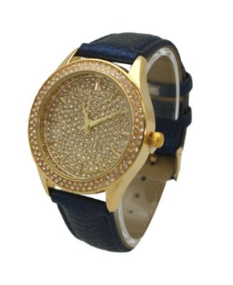 Blue Rhinestione Big Face Detail Leather Strap Watch