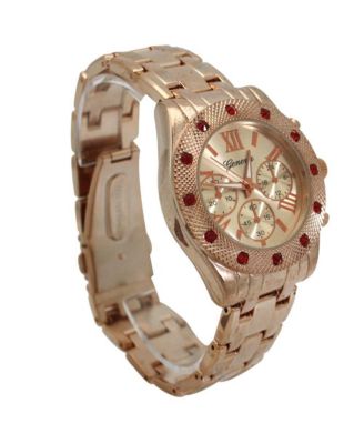 Women's Red Rhinestone Detail Boyfriend Metal Watch