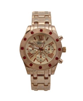 Women's Red Rhinestone Detail Boyfriend Metal Watch