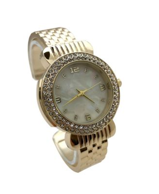 Gold Round Face Rhinestone Bezel Bangle Women Watch