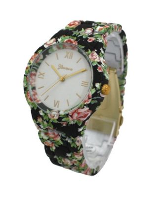 Black Floral Flowers Band Women Watch