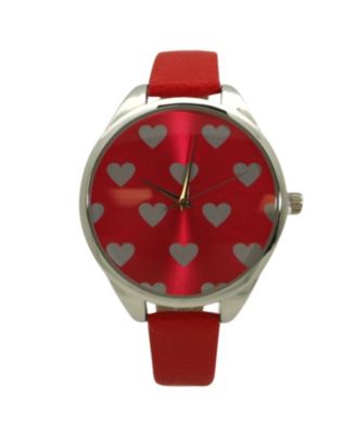 Red Heart Print Face Leather Strap Watch
