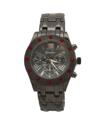 Gunmetal Women's Red Rhinestone Detail Boyfriend Metal Watch
