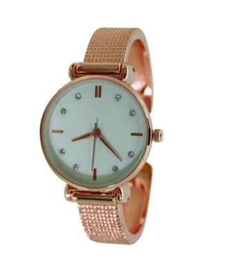 Rose Gold Every Day Textured and Rhinestone Metal Bangle Watch
