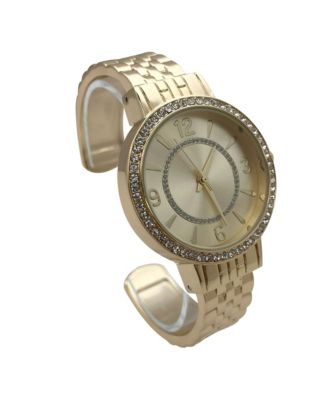 Gold Round Face Rhinestone Bezel Textured Bangle Women Watch