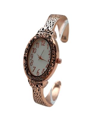 Rose Gold Oval Face Elegant Textured Bangle Women Watch