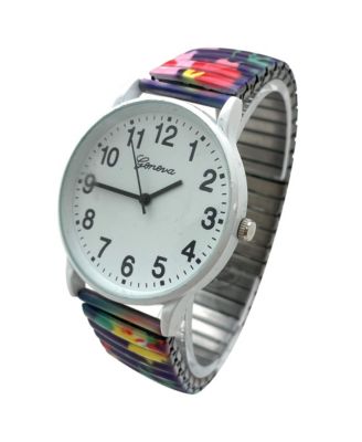 Purple White Big Dial Easy Reader Watch Abstract Elastic Stretch Band Wristwatch Women Watch