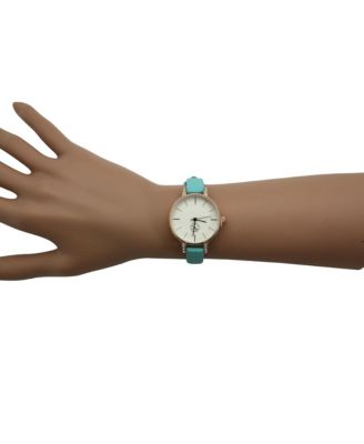 Blue Faux Leather Solid Color Round Face Women Watch