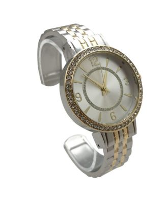 Two Tone Round Face Rhinestone Bezel Textured Bangle Women Watch