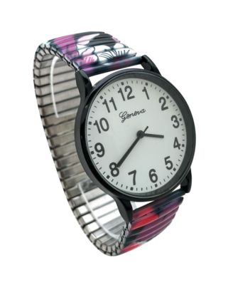 Black Purple Big Dial Easy Reader Watch Abstract Elastic Stretch Band Wristwatch Women Watch