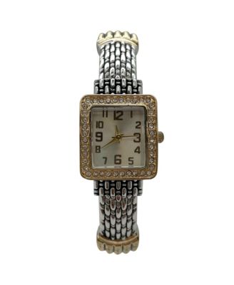 Elegant Detailed Band Square Face Bangle Women Watch, Two Tone