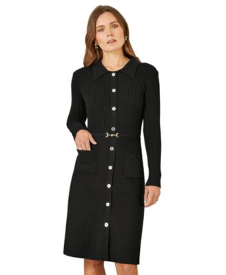 Women's Belted Rib Knit Midi Dress With Pockets