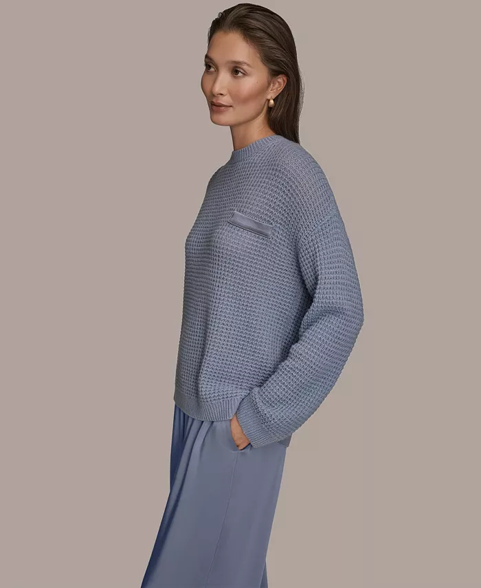 Women's Long-Sleeve Wool Cashmere Blend Waffle Stitch Sweater with Chest Pocket - thumbnail 4