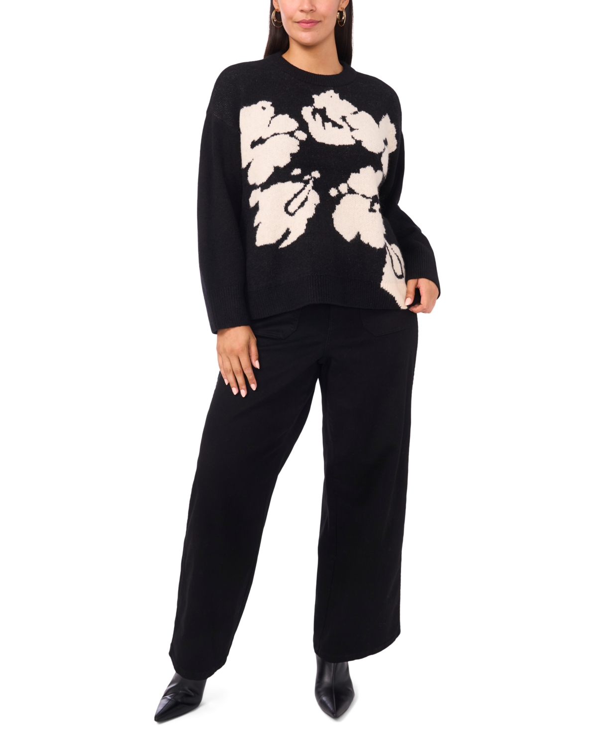 Vince Camuto Plus Size Flower Motif Crewneck Sweater In Black