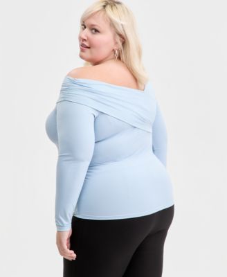 Trendy Plus Size Asymmetrical-Neck Long-Sleeve Top, Macy's Exclusive