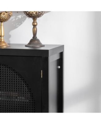 58" Mid-Century MDF & Rattan Magnetic Doors, Adjustable Shelves, Metal Handles Rattan Sideboard Buffet Cabinet