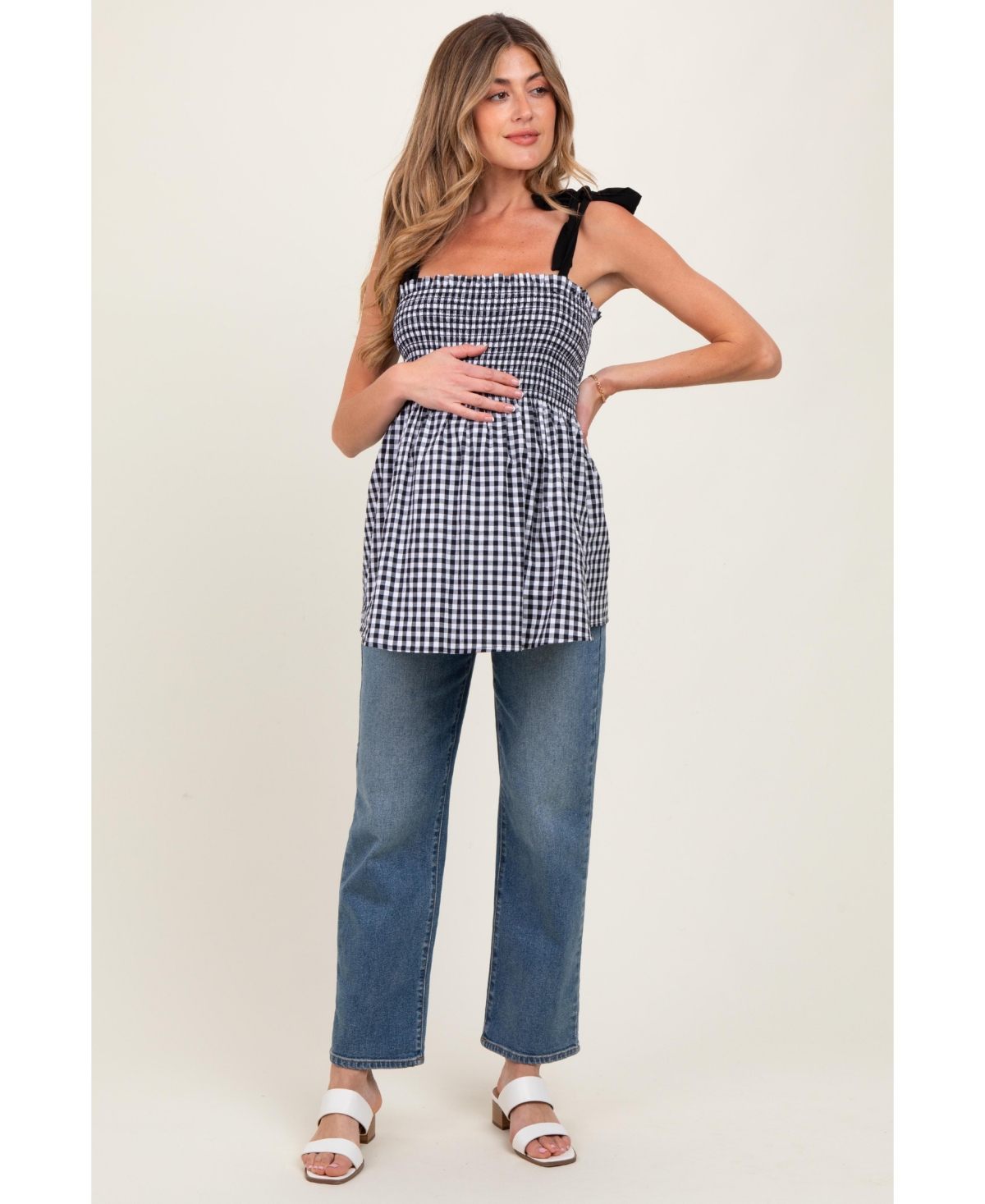 Pinkblush Maternity Black Gingham Smocked Shoulder Tie Top