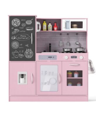 Play Kitchen Toy Set w/ Chalkboard Oven Sink Curtain Microwave Water Dispenser