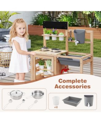Mud Kitchen Kids Pretend Play Kitchen Toy Set Outdoor Wooden Kitchen Playset