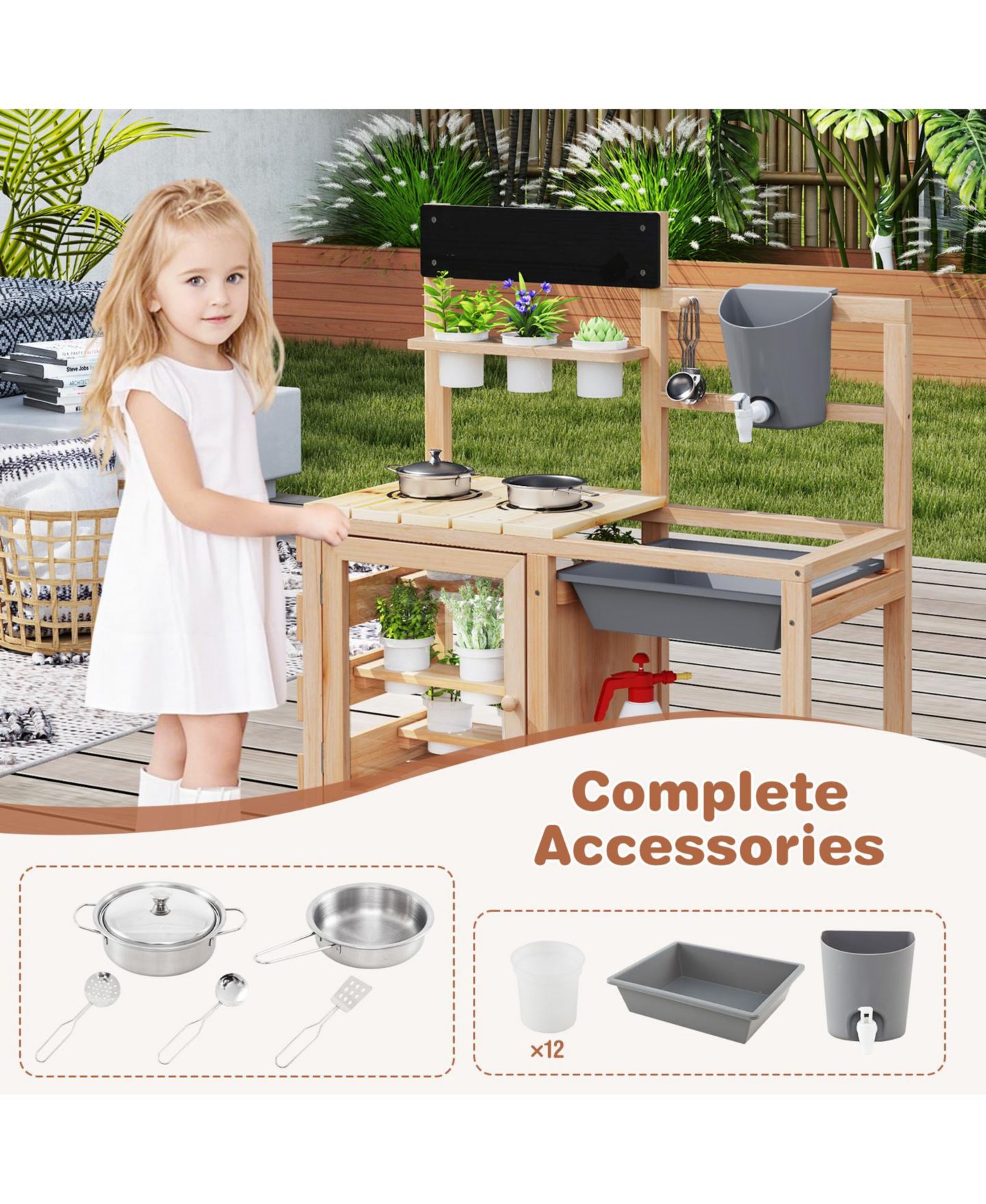 Детские игрушки Gymax Outdoor Wooden Mud Kitchen Playset, 17-Piece Set, Ages 3+, цвет: Натуральный — фото 5