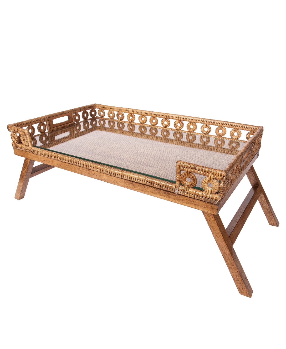 Artifacts Rattan Inna Design Breakfast Tray with Wooden Legs & Glass Insert