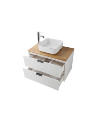 Streamdale 32" Double Drawer White Vanity, Natural Wood Top, Ceramic Sink & Round Mirror
