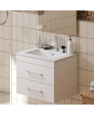 24" White Gloss Wall-Mount Vanity, Double Drawer, Ceramic Sink