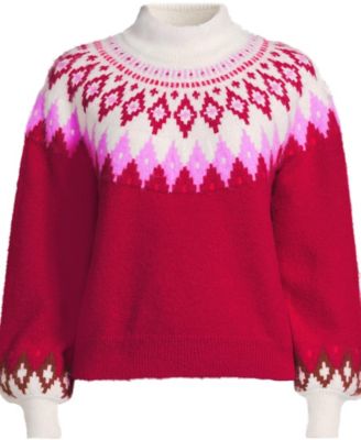 Women's Fuzzy Turtleneck Lantern Sleeve Jacquard Sweater