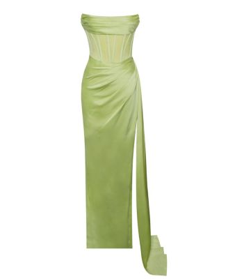 Women's Prisa Lime High Slit Satin Corset Gown