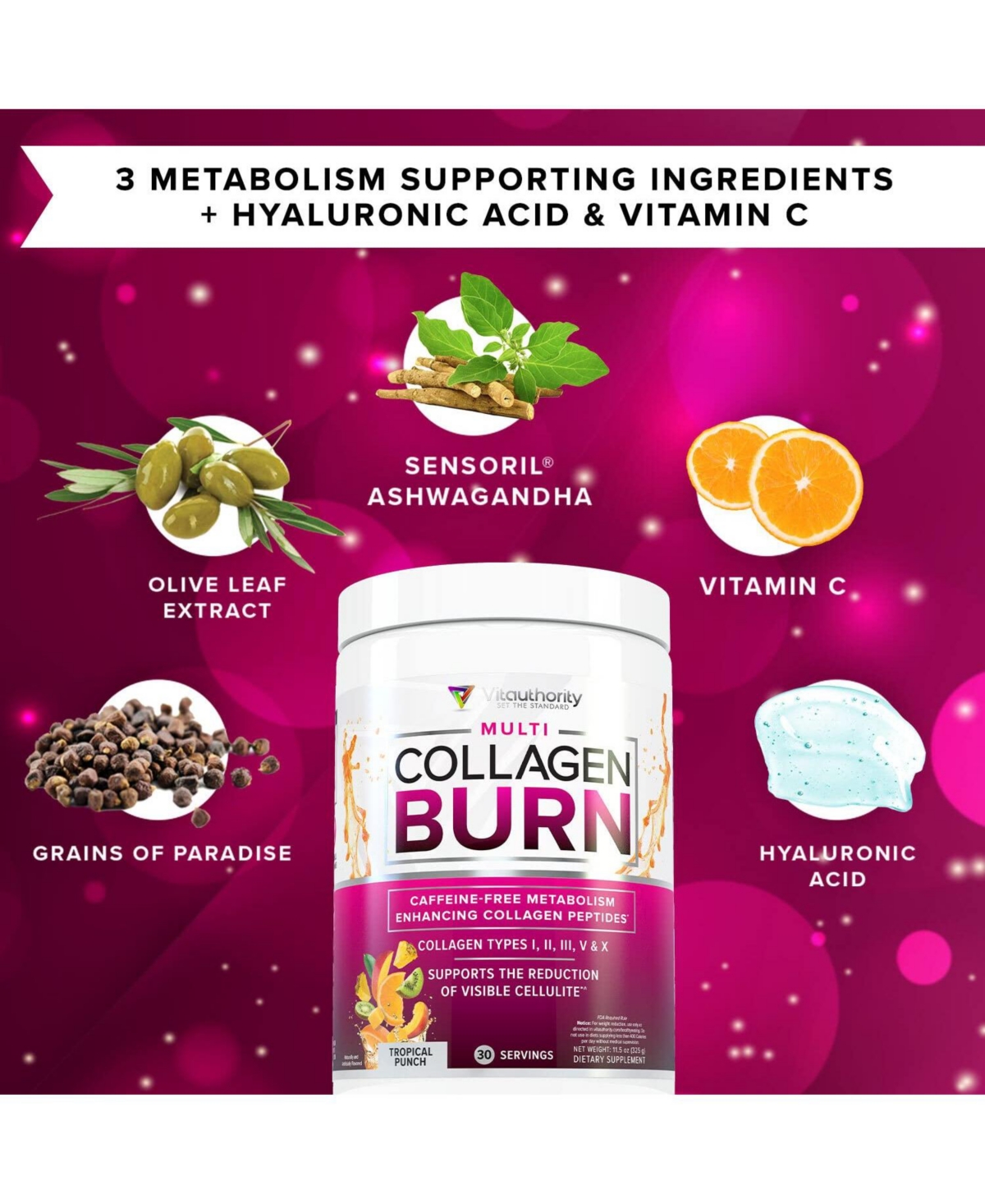 Vitauthority Multi Collagen Burn, Tropical Punch, 325gm