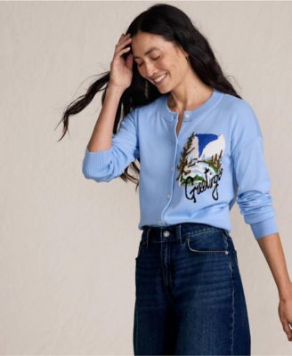 Women's Cropped Placed Jacquard Fine Gauge Crew Neck Cardigan Sweater