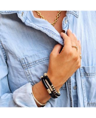 Black Beads and Gold Plated Textured Bead Bracelet Stack