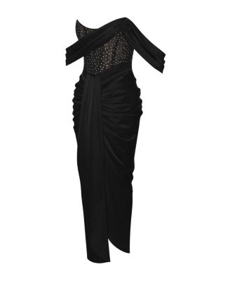 Women's Stella Black Off Shoulder Crystal Corset Satin Gown