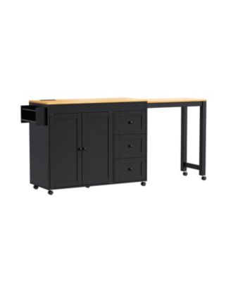 Kitchen Island w/ Extendable Table, 3 Drawers, Outlet, Wheels, Spice Rack - Black
