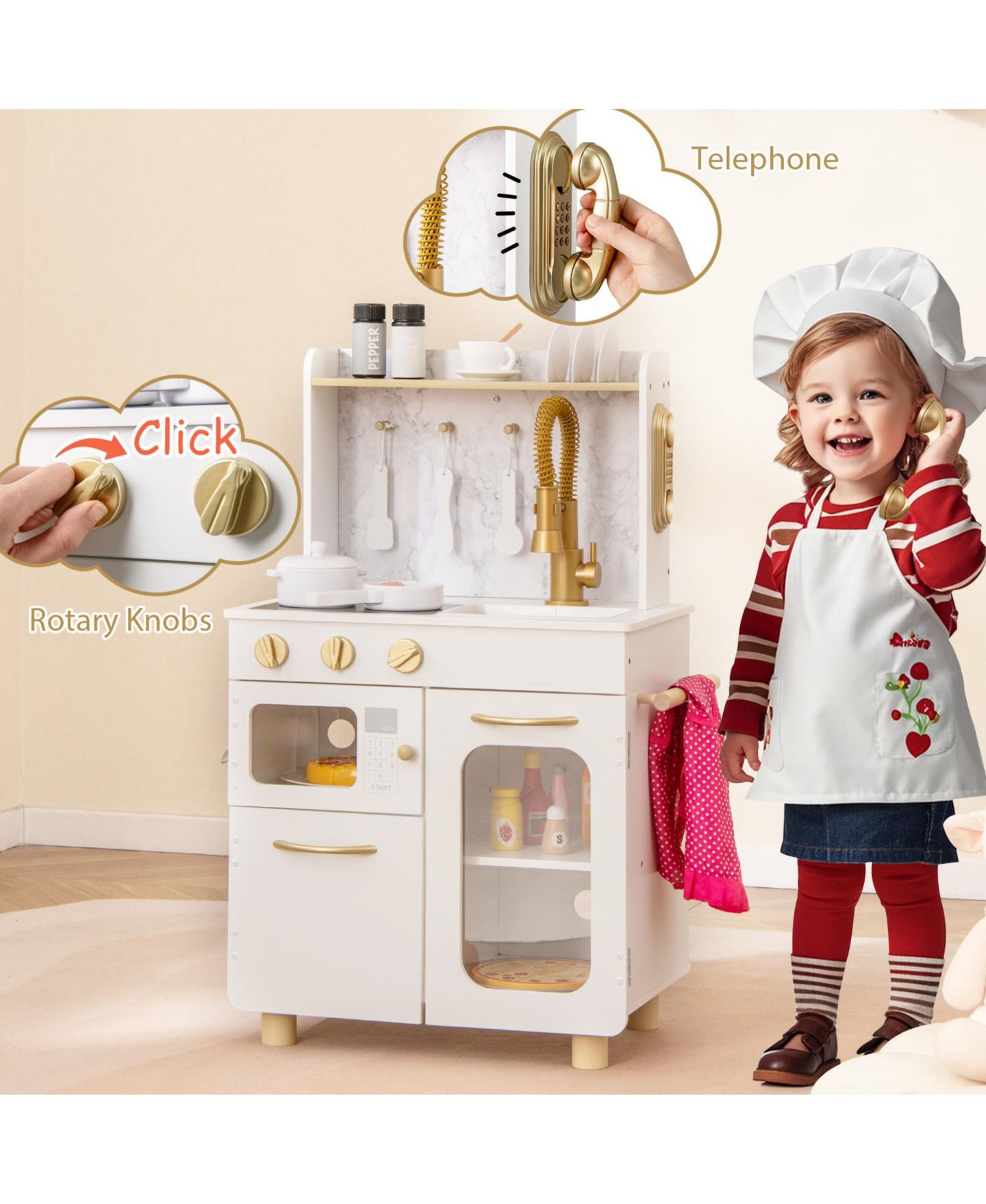 Детская игрушка Gymax Wooden Play Kitchen with Stoves, Sink & Faucet and Telephone, Ages 3+, цвет: Белый — фото 3