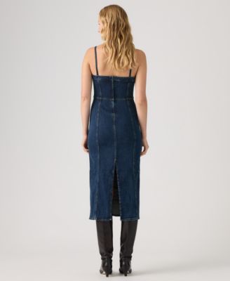 Premium Women's Seamed Bustier Denim Midi Dress