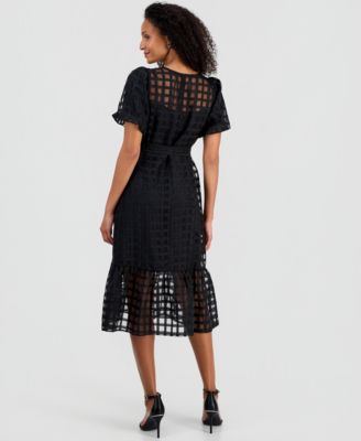 Women's Bubble-Sleeve Belted Midi Dress