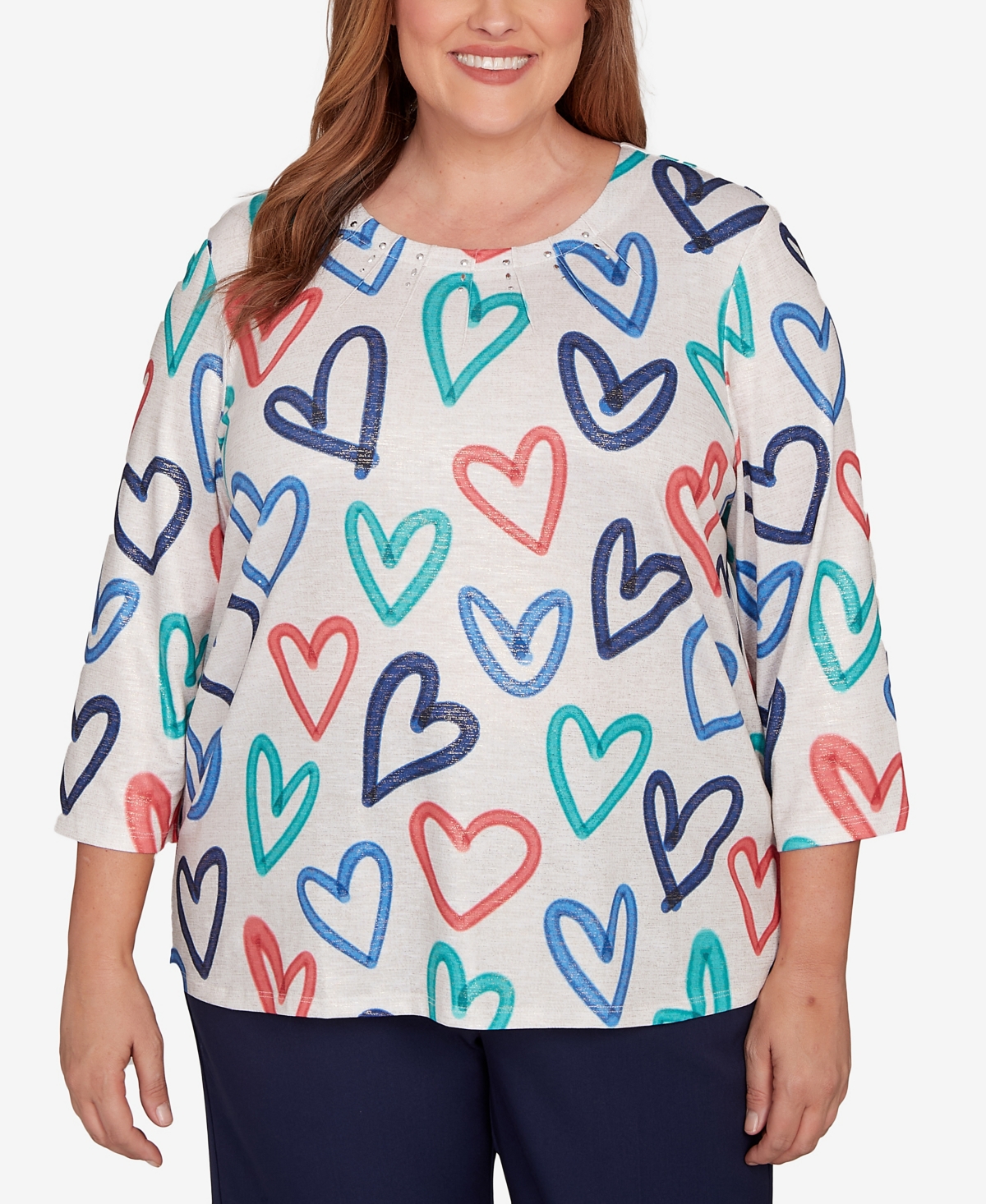 Alfred Dunner Plus Size Saratoga Springs Tossed Heart Pattern Knit Top In Multi